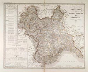 Sardinske stater på fastlandet. Kort af Attilio Zuccagni-Orlandini, taget fra Geographic Atlas of Italian States, Firenze, gravering på kobber af Attilio Zuccagni Orlandini