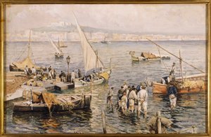 Marina med fiskere (akvarel) af Attillo Pratella