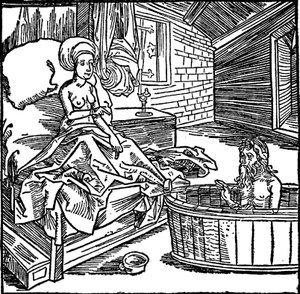 Kvinden og den badende eremit. af attributed to Albrecht Dürer