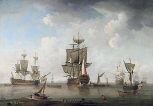 Krigsmænd i havnen af attributed to Charles Brooking