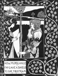 Arthurian Legend: "" Gebyret Morgane giver et skjold til Tristan""" Indgravering i "Historien om Tristan og hans eventyr, som inkluderer hans kærlighedshistorie med Isolde"" "The Morte of Arthur"" af Sir Thomas Malory, udgave illustreret af Aubrey gav Bear af Aubrey Beardsley