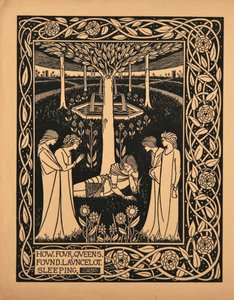 Hvordan fire dronninger fandt Lancelot sovende. Illustration til bogen Le Morte dArthur af Sir Thomas af Aubrey Beardsley