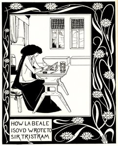 Hvordan La Beale Isoud skrev til Sir Tristram. Illustration til bogen Le Morte dArthur af Sir Thomas af Aubrey Beardsley