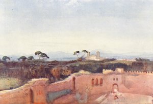 Rom: Villa Borghese fra en tagterrasse (farvelitografi)