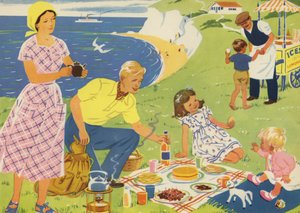 En picnic (farve litho) af Audrey Brunton