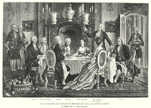 En banket til ære for Mozart i Schikaneders hus (litho) af August (after) Borckmann