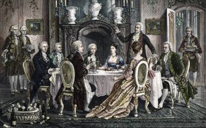Middag i Emanuel Schikaneders hjem for Wolfgang Amadeus Mozart af August (after) Borckmann
