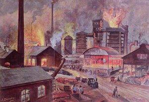 Fabrik med højovn, fra en serie bøger om LUnivers et lHumanite af H. Kraemer, udgivet i Paris i slutningen af det 19. århundrede (farvegravering) af August Dressel