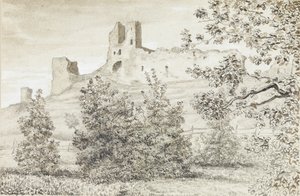 Udsigt over ruinerne af Rakvere Slot, 1828 (sepia og blyant på papir) af August Georg Wilhelm Pezold