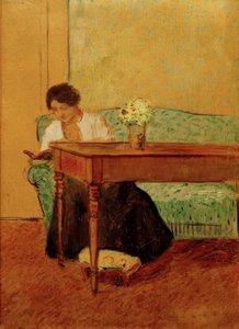 Elisabeth på den grønne sofa og læser af August Macke