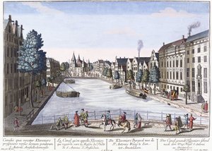 Vue af Kleveniers Canal, Amsterdam, ca. 1740-1770 (håndfarvet gravering) af August Vindel