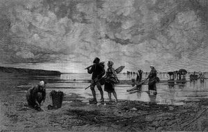 Stor hoppe i Kanalen (1800-tallet): fiskere af skaller på en strand. Indgravering efter maleriet af Hagborg Auguste Wilhem Nikolaus (1852-1921/1925) i "Den illustere verden" nr. 1219 af 7. august af August Wilhelm Nikolaus Hagborg