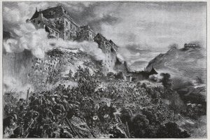 Den ungarske revolution 1848-1849: Ungarske oprørere stormer Buda-slottet (ovn) den 21. maj 1849 - efter litografi af August von Pettenkofer af August Xaver Karl von Pettenkofen