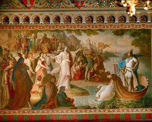 Ankomsten af Lohengrin til Antwerpen, fra Lohengrin Sagaen, Salon, ca. 1882-83 (olie på lærred) (se også 419255) af August von Heckel