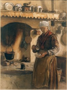 Italiensk bondekone ved komfuret