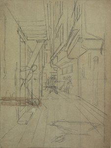 Perspektivskitse til "Street Fight in a Venetian Alley" af August von Pettenkofen
