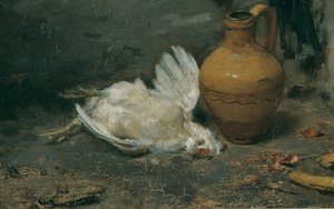 Stilleben med en død kylling og en kande