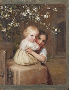 Barn og pige under et blomstrende æbletræ (studie)