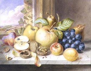 Et stilleben af æbler, druer, pærer, blommer og valnødder på en vindueskant