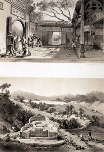 Indvendigt billede af det store tempel i Macao og en grav og en landsby mellem bugtene i Hong Kong og Cowloon, plader 8 og 7 fra 