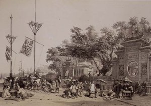 Facaden på det store tempel i Macao, planche 9 fra "Sketches of China", graveret af Eugene Ciceri (1813-90) 1842 (tonet litografi)