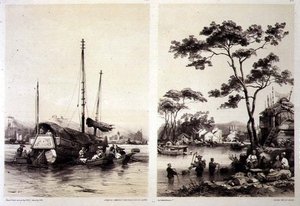 Handelsskrammer bag Canton og en landsby nær Canton, plancher 32 og 31 fra "Sketches of China", graveret af Eugene Ciceri (1813-90) 1842 (tonet litografi)