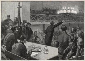 Møde til strejken ved Vooruit i 1885 - indgravering i 1885 "Le monde illustrious" - tegning af Gerardin af Auguste (after) Gerardin