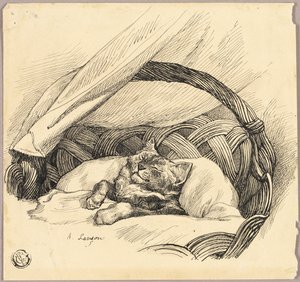 Kat sover i kurv af Auguste Andre Lancon