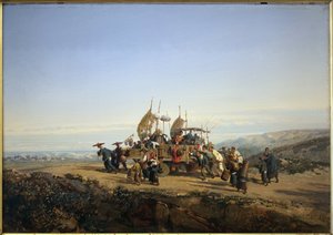 Travelers use a chariot with sails and shoot by men. Painting by Auguste Borgetdani af Auguste Borget