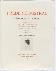 Frédéric Mistral: Mémoires et Recits af Frédéric Mistral: titelblad, buste af kvinde i profil af Auguste Brouet