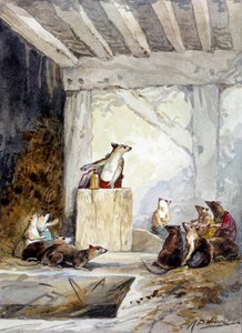 Illustration af fablen "Rotternes råd" af Jean de La Fontaine. Akvarel af Auguste Delierre (1829-c.1890)