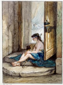 Illustration af fablen "Manden der løber efter formuen og manden der venter på ham i sin seng"" af Jean de La Fontaine. Akvarel af Auguste Delierre (1829-c.1890)