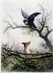 Ræven og kragen. Illustration af fablen af Jean de La Fontaine (1621-1695)