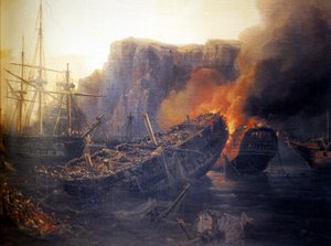 Fransk:  Le soir de la bataille de Navarin, 1827 Aftenen i slaget ved Navarino