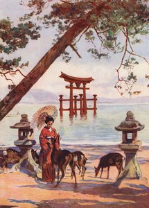 Torii ved Miyajima, Japan (farvelitografi)