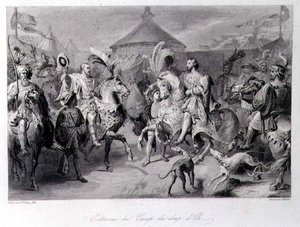 Mødet på Guldklædets Mark, 24. juni 1520, indgraveret af Millin (gravering) af Auguste Hyacinthe (after) Debay