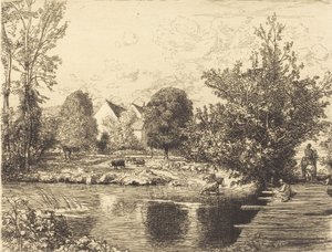Gammel gangbro, bredden af den lille Morin Vieille passerelle, bords du petit morin, 1915. af Auguste Lepere