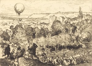 Den faldende ballon, i Pre-Saint-Gervais Lebaloon qui grav, i Pre-Saint-Gervais, 1910. af Auguste Lepere