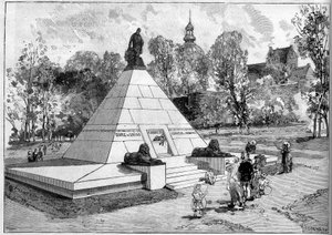 Udsigt over monumentet rejst til minde om den franske egyptolog Auguste-Edouard (Auguste Edouard) Mariette (1821-1881) i Boulogne sur Mer (Boulogne-sur-Mer), Pas de Calais (62). Indgravering af Lepere i ""Le Monde Illustre"" nr. 1322 af 29. juli 1882. af Auguste Lepere