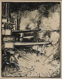 Bombe eksploderer på en kuras med kanoner rettet, 1914. af Auguste Louis Lepère