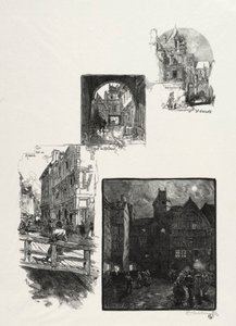 Illustreret Rouen: Rue des Charretes; Halage Gade; Rue Eau de Robec; Kunstpladsen af Auguste Louis Lepère