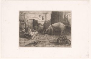 Gris, høns og kaniner i en lade af Auguste Numans (attributed to)