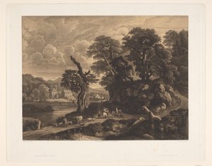 Landskab med dyr og figurer på en vej langs en flod Figures et animaux (titel på objekt) af Auguste Numans
