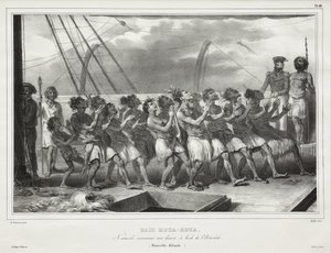 Houa-Houa-bugten, Indfødte, der udfører en dans om bord på Astrolabe (New Zealand), [Uawa/Tolaga Bay, Natives Performing a Haka on Board the Astrolabe (New Zealand)] af Auguste Raffet