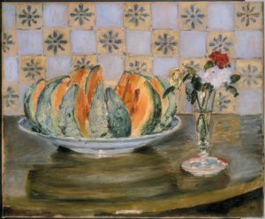 Stilleben med melon og blomstervase