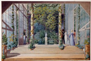 Et besøg i det varme drivhus på slottet Malmaison Aquarelle af Auguste Garneray (1785-1824) 1823 Søn. 0,16x0,24 m Malmaison, musee du chateau