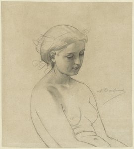 Siddende nøgen kvinde, tre fjerdedele til højre, halvlængde af Auguste Toulmouche