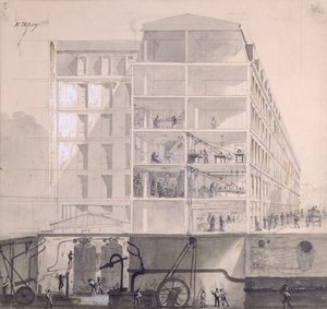 Tværsnit af arbejderboliger i det XI. arrondissement i Paris, ca. 1875 (pen og blæk og gouache på papir)