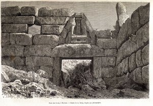 Løvernes port i Mykene - tegning af A. Deroy, i "" Jorden rundt"" 1877 2. semester