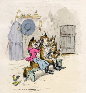 Illustration af A. Vimar til romanen de Renart (rævens roman), udgave Henri Laurens 1800-tallet - Ræven Goupil og Hermeline, hans kone, hjem, med deres børn de små ræve -